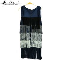 Montana West Suede-Like Fringe Long Vest-Navy