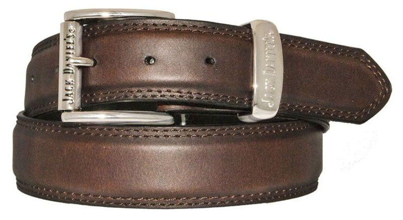 Brown Leather JD Belt, double stitched silver tone roller buckle & keeper