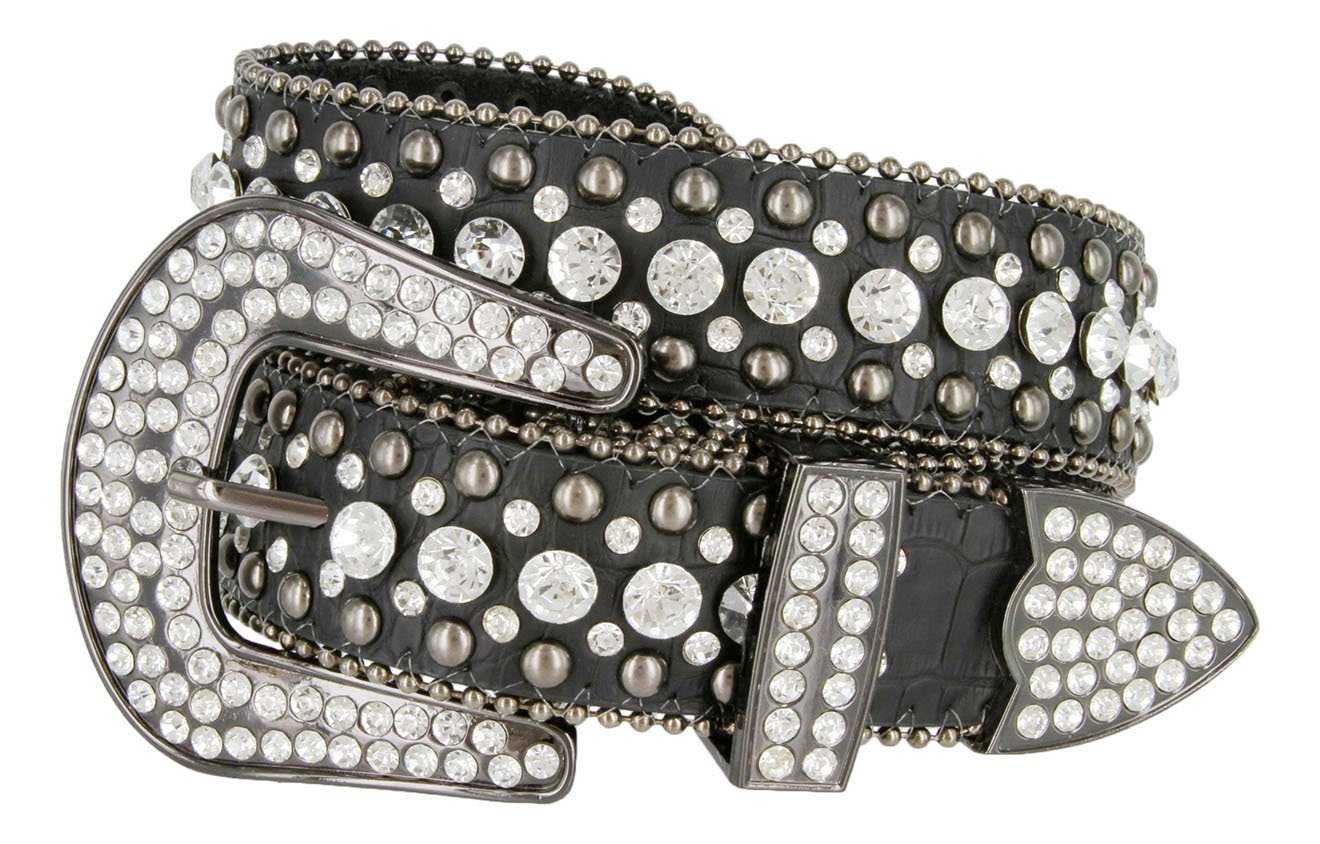 Women&#39;s Western Rhinestone studded Leather Belt - Black