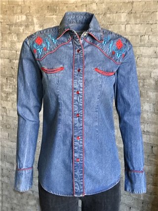 Stetson Women's Blue Denim Embroidered Long Sleeve Button Down Blouse Shirt  - Country Outfitter