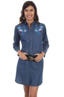 Honey Creek Cotton Denim Shirt Dress Floral Embroidery. HC468