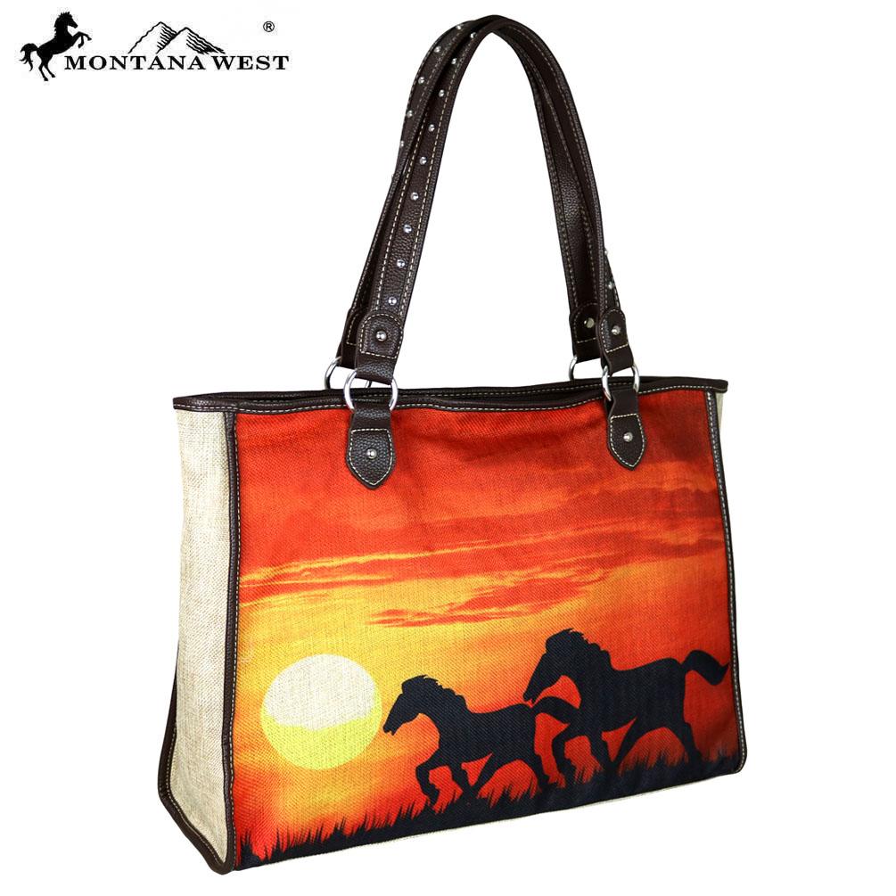 Montana West Horse Collection Duel Sided Print Canvas COLORFUL Tote with Leather