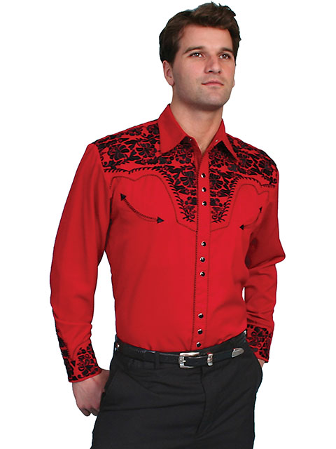 Scully Mens Shirt Floral Tooled Embroidery