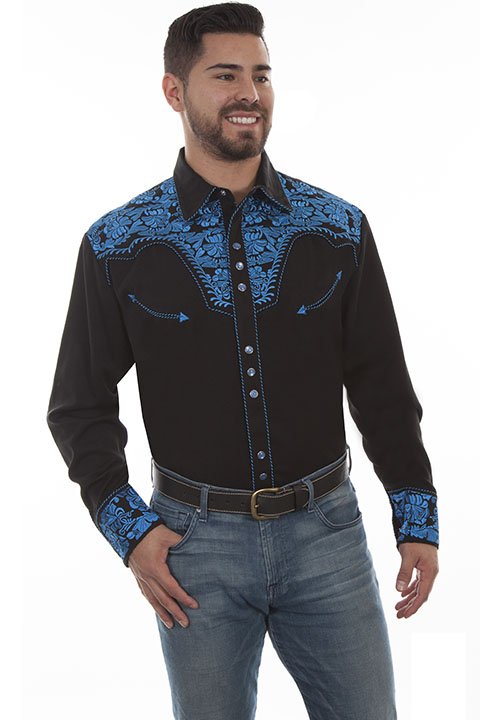 Scully Mens Shirt Floral Tooled Embroidery