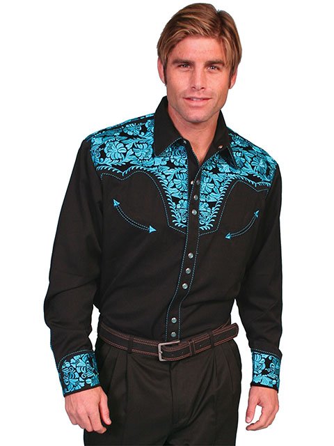 Scully Mens Shirt Floral Tooled Embroidery