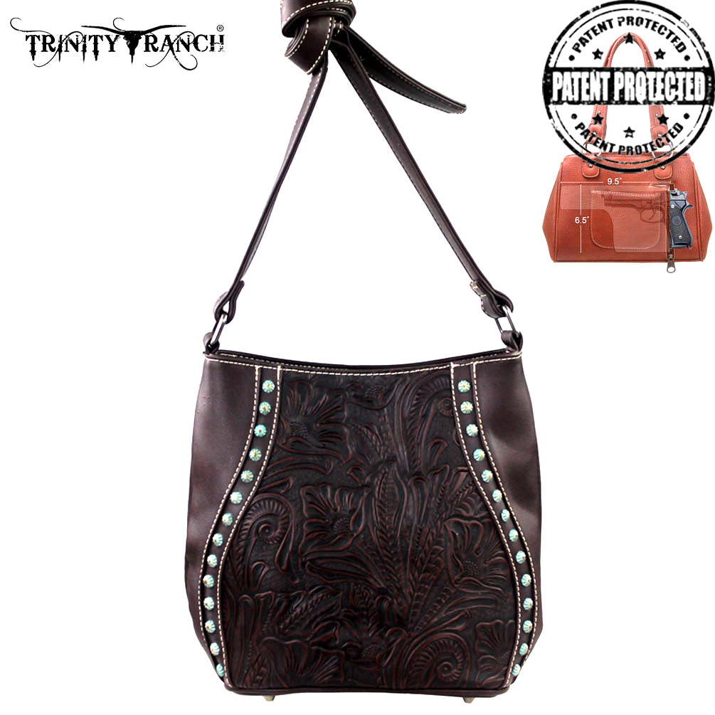 TR168G-8561 Trinity Ranch Tooled Design Collection CCW Handbag Coffee