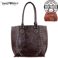 TR23G-8570 Montana West Trinity Ranch Tooled Design Concealed Handgun Handbag-Coffee