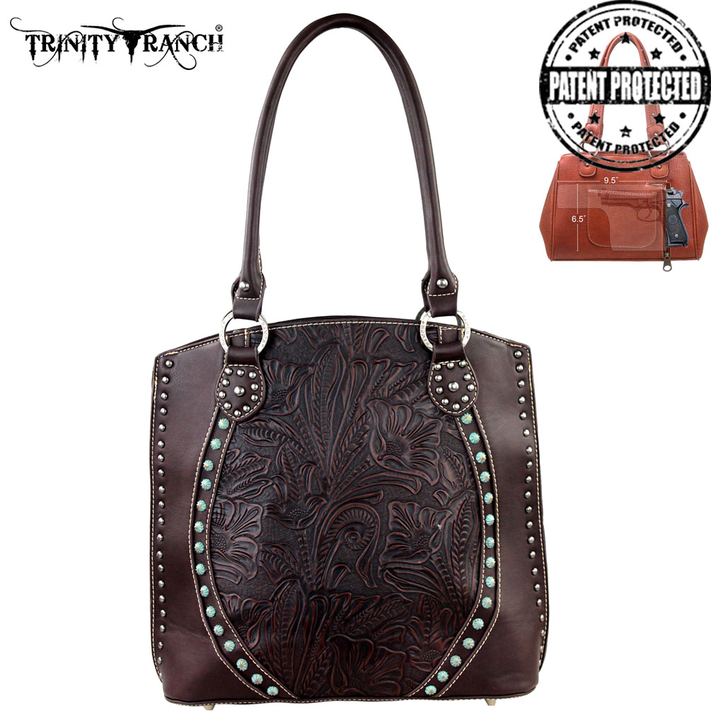 TR168G-8561 Trinity Ranch Tooled Design Collection CCW Handbag Coffee