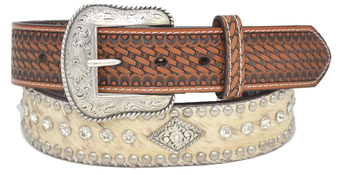 Brown Leather Belt, Cowhide, Rhinestones
