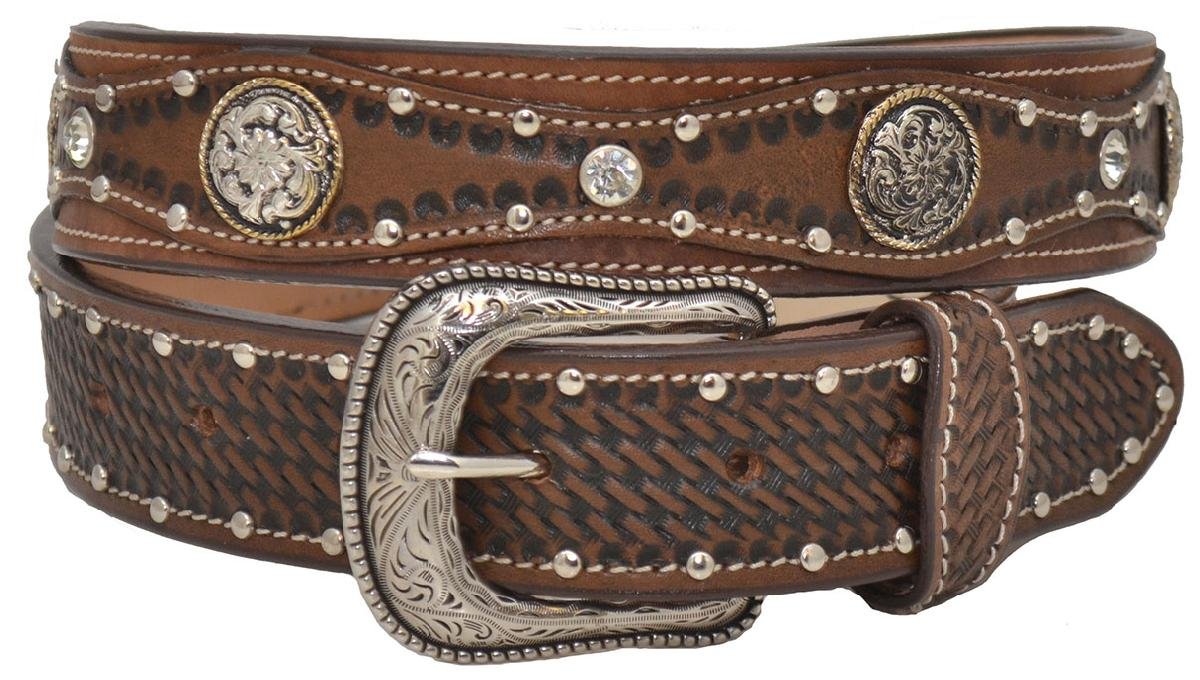 Brown Leather BeltSilver Rivets, Conchos and Rhinestones