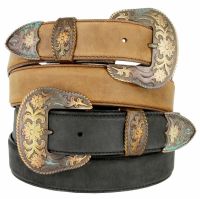 Cowboy Western Antique Buckle Edge Stitch Western Leather Belts by Diamond V Texas Star