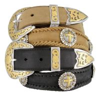 Gold Christian Cross Leather Western Concho Belt by Diamond V Texas Star