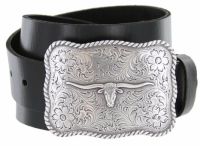 Silver Longhorn Genuine Leather Western Belt by Diamond V Texas Star