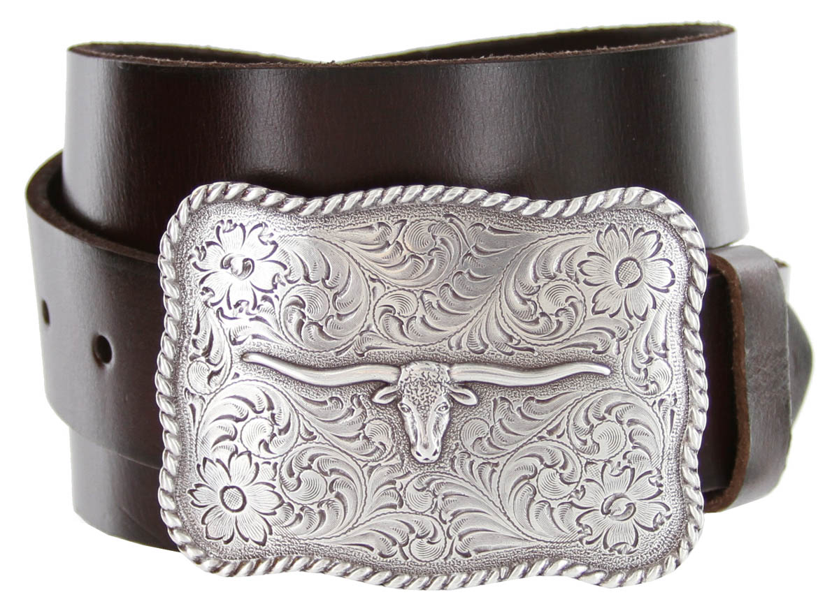Silver Longhorn Genuine Leather Western Belt by Diamond V Texas 